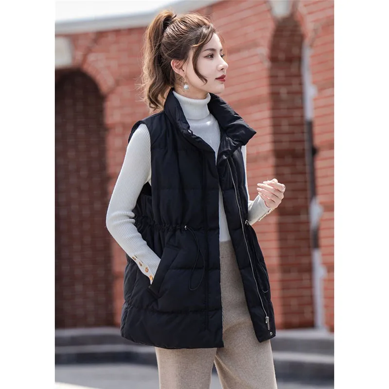 2025 New Parkas Women Vest Coats Thick Warm Sleeveless Turn Down Collar Drawstring Tight Waist Coat Single Breasted Autumn Winte