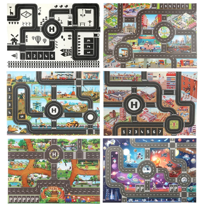 Tapis de jeu pour enfants 83x57cm, carte de la circulation de la ville de dessin animé, tapis de jeu antidérapant pour garçons et filles, jouet d'apprentissage pour bébés et ramper TMZ