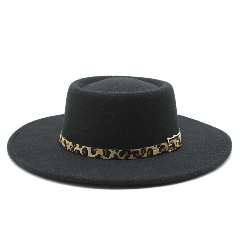 Ring Type Flat Top Felt Big Brim Top Hat Men And Women Concave-convex Top European And American Fashion Leopard Print Woolen Hat