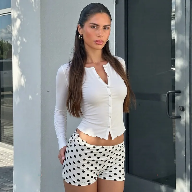 Combhasaki Camicetta a maniche lunghe da donna abbottonata girocollo casual tinta unita cardigan Cleanfit camicie corte con orlo arricciato sottile