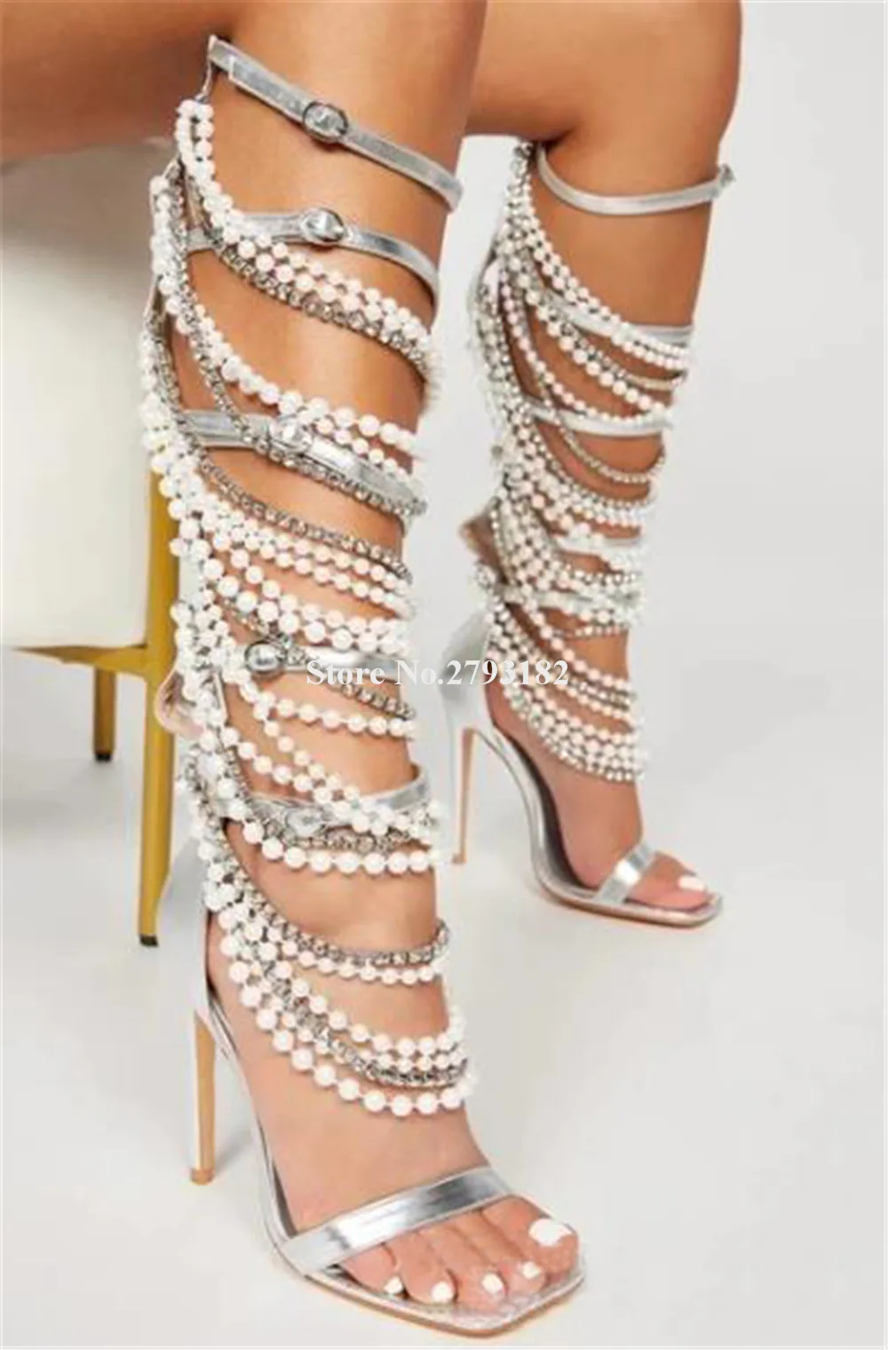 Bling Bling Rhinestones Pearls Chains Stiletto Heel Knee High Gladiator Boots Open Toe Fringes Thin Heel Long Sandal Boots