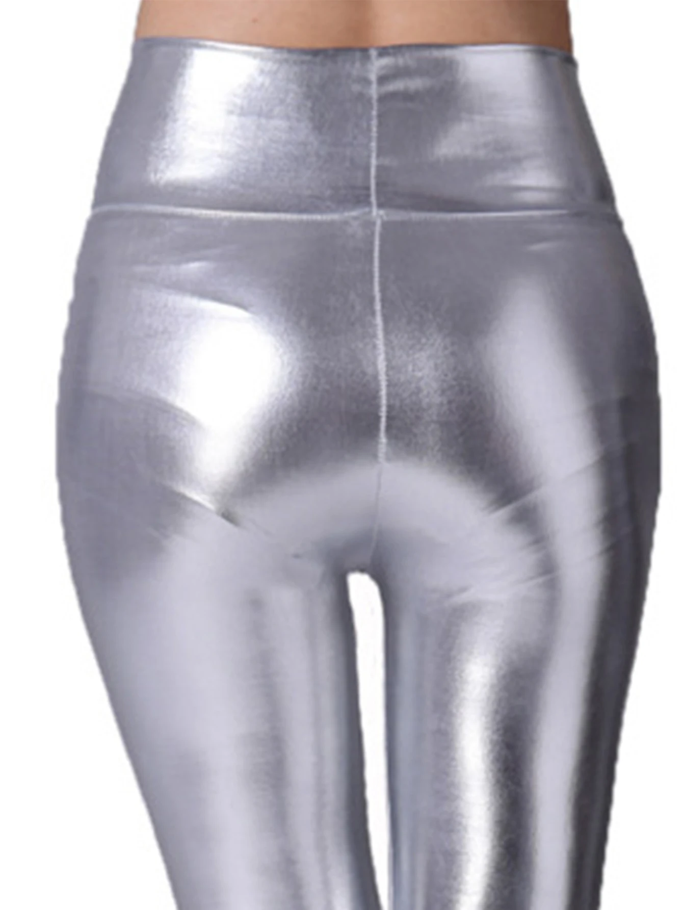 Silver PU Imitation Leather Nine-point Pants Women\'s High-waisted Zipper Leggings European Style Sexy Hip Nine-point Pants