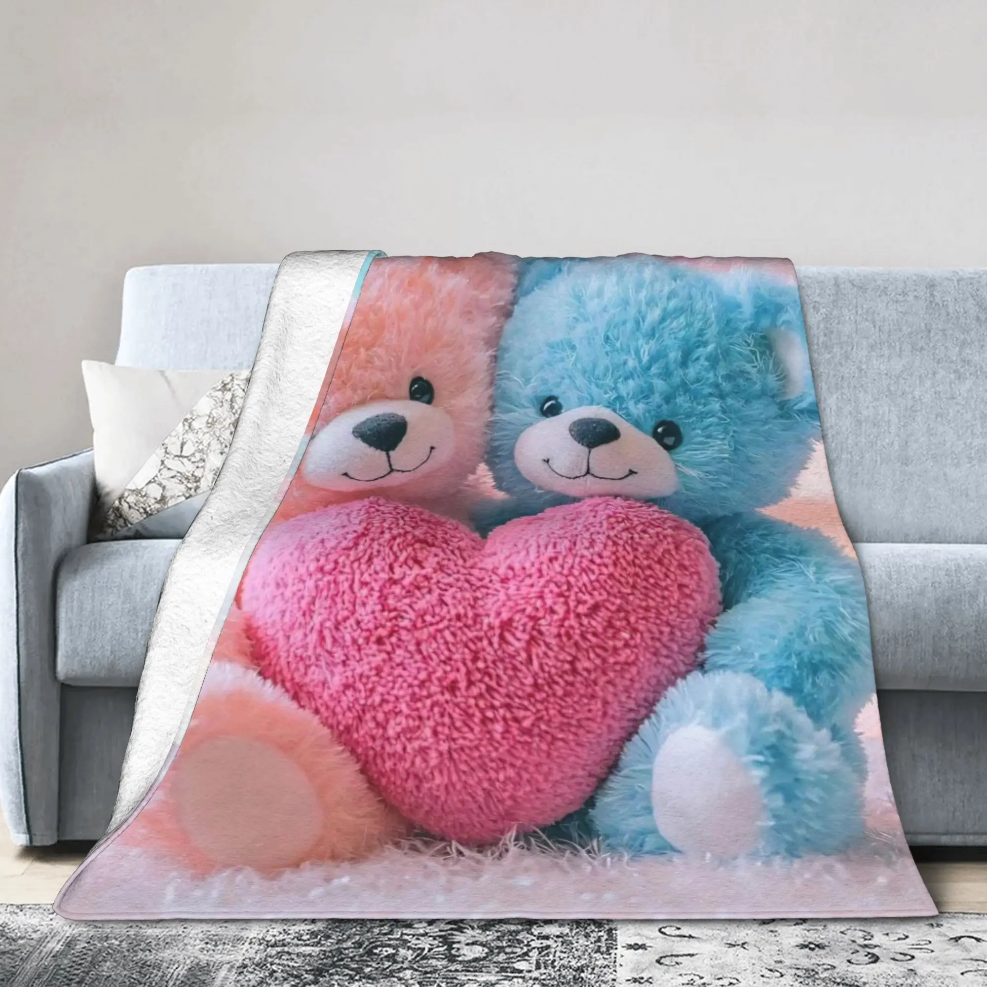 3D Teddys Bear Sweet Cartoon Lovely Coral Fleece Plush Throw Blankets Love Blanket for Bedding Office Lightweight Thin Bed Rug