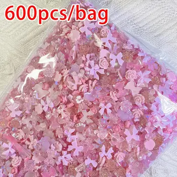 600szt/worek Żywica Różowa kokardka Kwiaty Serce Mieszane zdobienie paznokci Ozdoby Kawaii Różowa wstążka Kokardka Charms do paznokci 3D Cute Charms 50g/worek