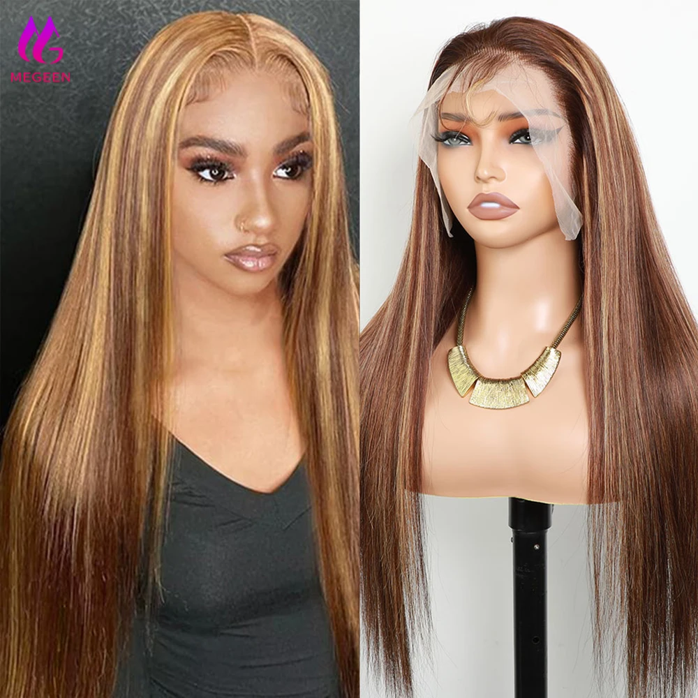 Megeen-Perucas dianteiras de renda com destaque Ombre, cabelo humano, reto transparente, pré-arrancadas, peruca colorida, P4 e 27, 13x4, 26 in