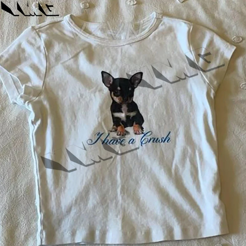 Vintage Lovely doggy Graphic 2000s Baby Tee Retro Y2k Crop Tops Aesthetic Short Sleeve Streetwear Grunge Girls summer Tops