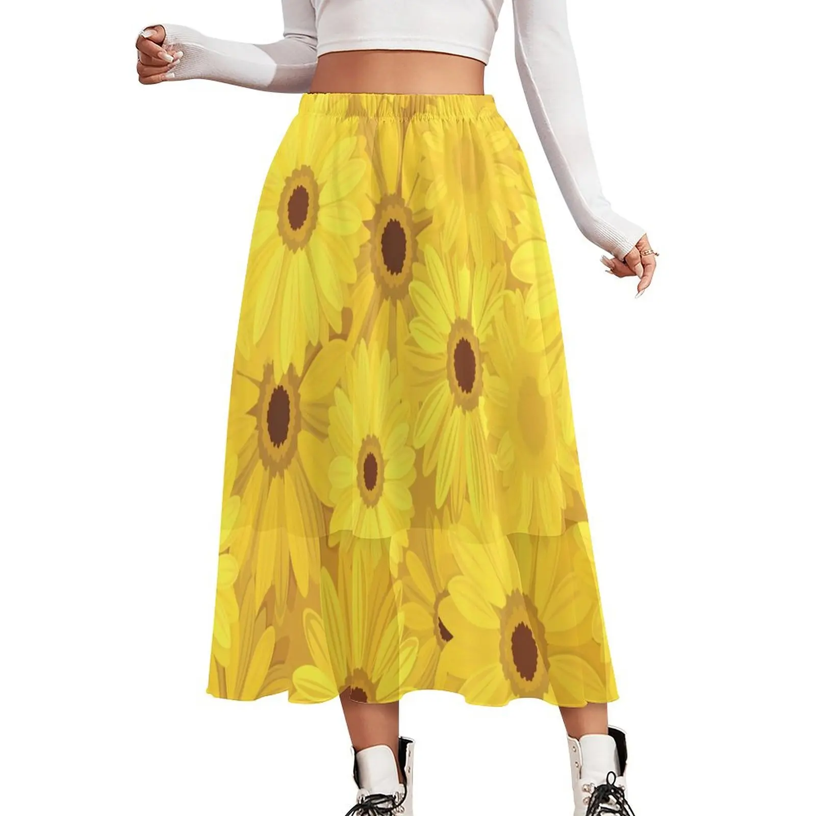 Sunflower Print Skirt Yellow Gerbera Flowers Y2K Casual Skirts Vintage A-line Skirt Women Graphic Oversized Clothes