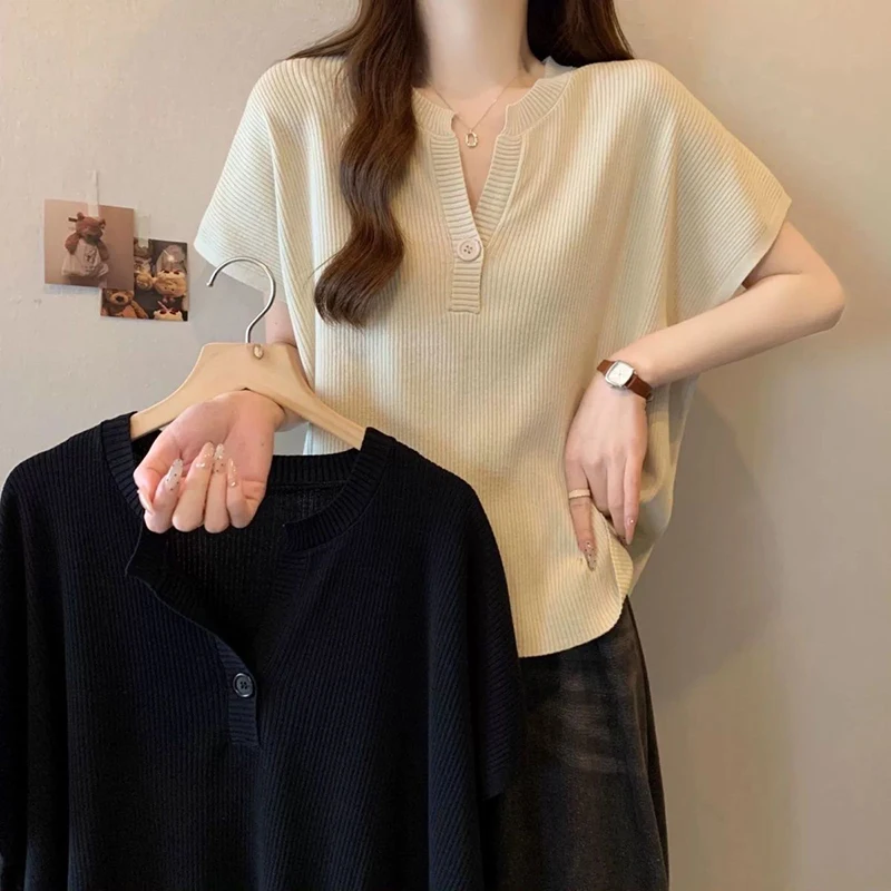 Fashion V-Neck Knitted Solid Color Batwing Sleeve T-Shirts Female Clothing 2024 Summer New Loose Casual Tops All-match Tee Shirt