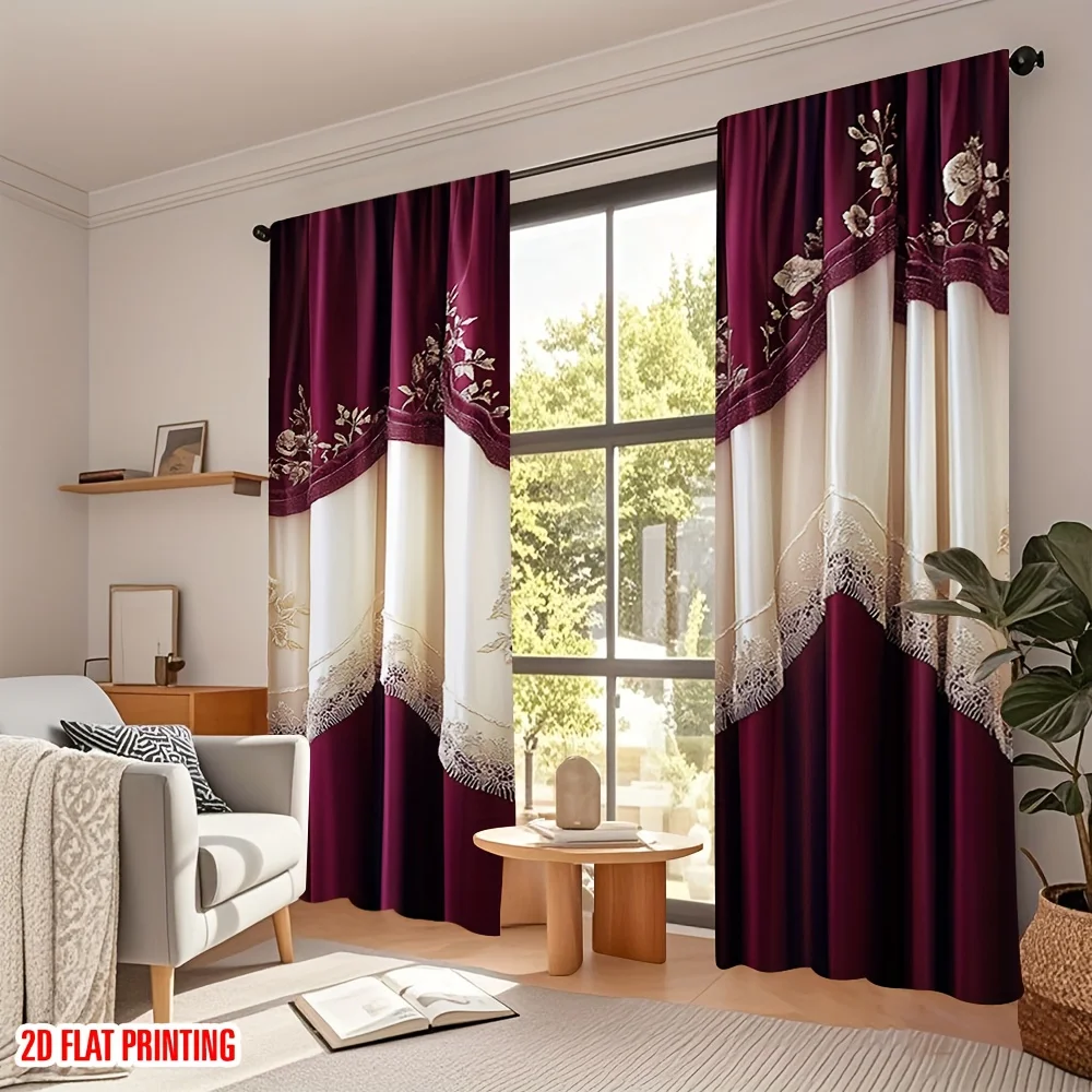 2PCS Digital Printed Curtains, Wine Red Rice White Spliced Lace Floral Print Pattern, Retro Light Luxury European Style