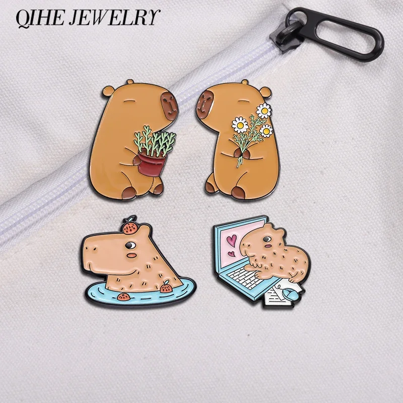 Cartoon Capybara Brooch Enamel Pins Cute Hippo Hold Flower Backpack Clothes Lapel Badge Funny Jewelry Accessory Gift for Friends