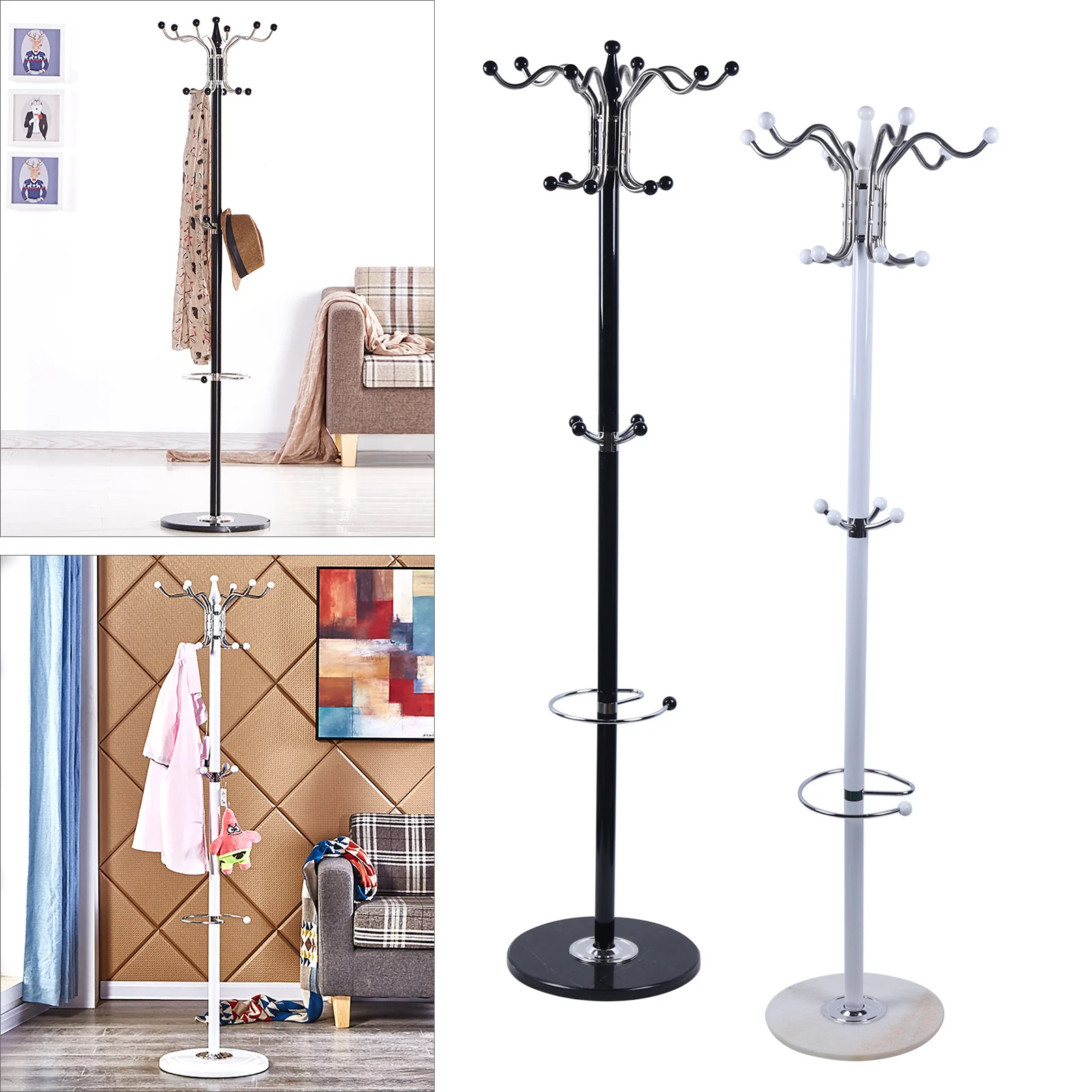 170cm Hat Jacket Stand Tree Holder Hanger Rack w/Marble Base with 16 Hooks black/white