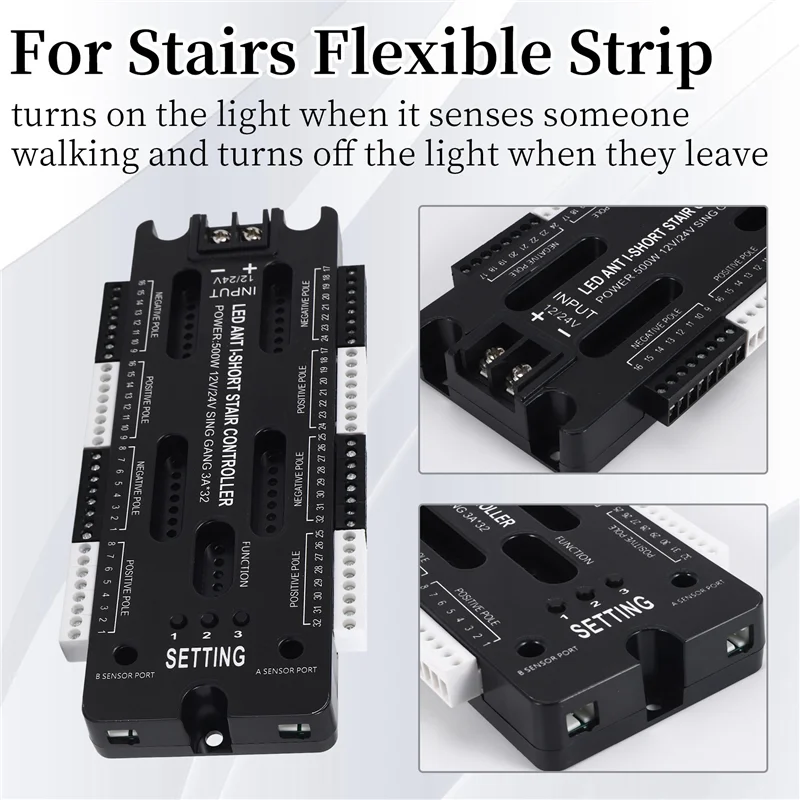A01F-계단용 유연한 스트립 실내 LED 모션 센서 32 채널 조정 가능한 밝기 DC 12V 24V 계단 조명 컨트롤러