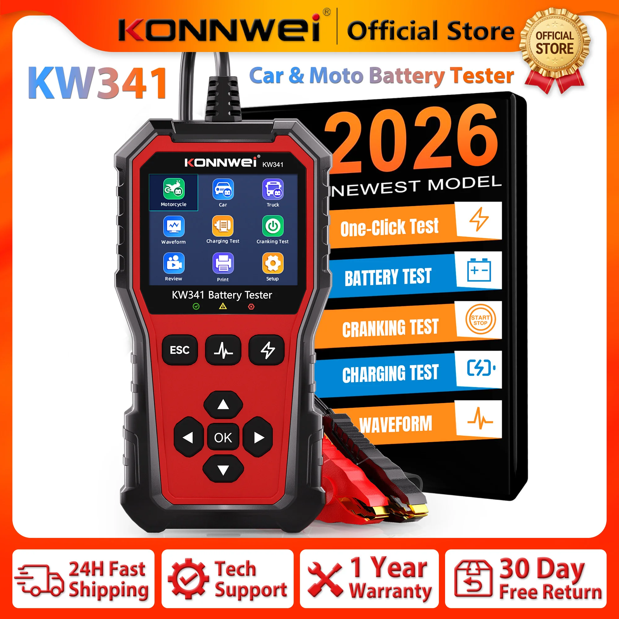2026 KONNWEI KW341 Car Battery Tester 6V 12V 24V SOC SOH Waveform Startup Voltage Charging Diagnosis Fault Data Print Function