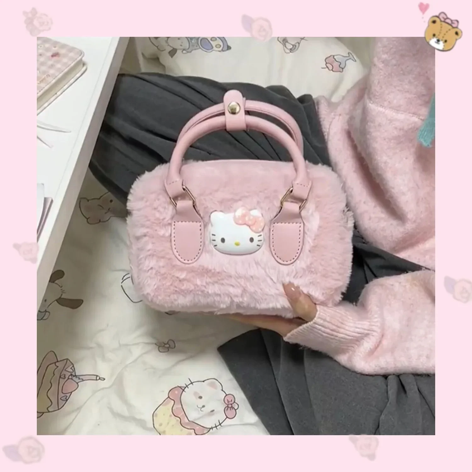 MINISOHello Kitty Cute Plush Handbag Kitty Girly Heart Versatile Crossbody Bag Sweet Furry Shoulder Bag