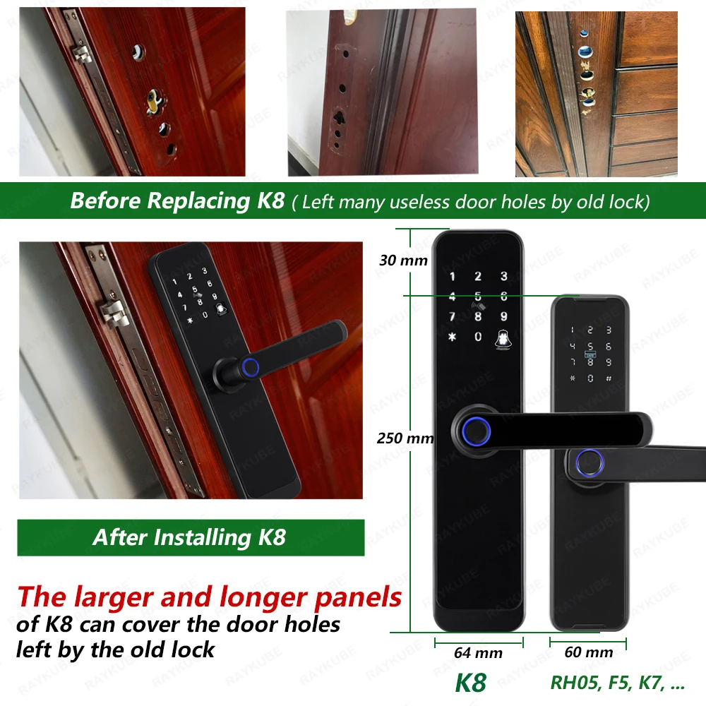 Imagem -02 - Tuya Wi-fi Smart Door Lock tt Lock Fechadura de Impressão Digital Digital Electric Lock Mais Grandes Lidar com Painéis Campainha Raykube-k8