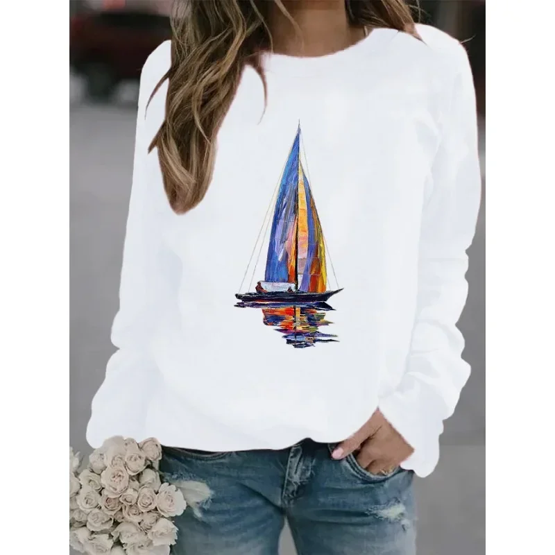 Explosive Women's Sailboat Print Crew-neck Hoodie Streetwear Women  Sweatshirts  Sweatshirt Clothing  Aesthetic