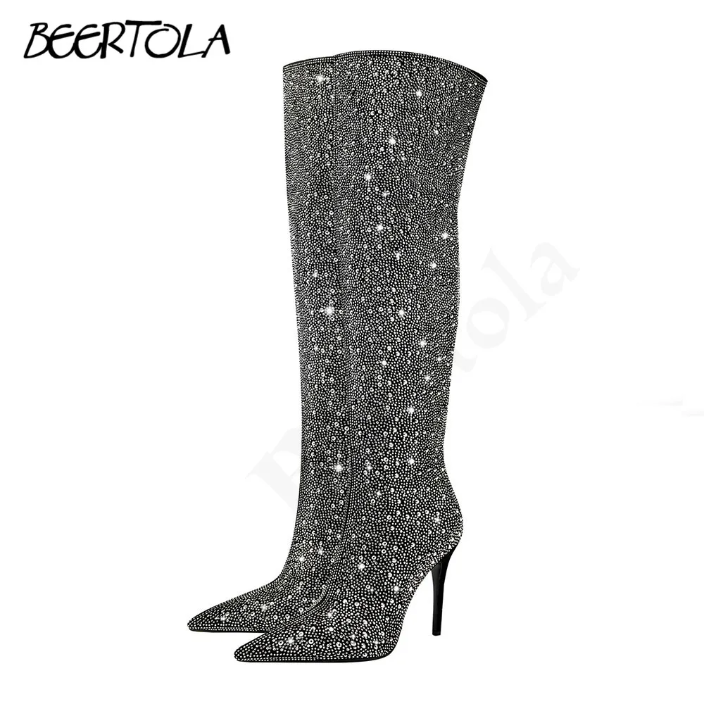 Luxury Full Diamond Pointed Boots Stiletto Heels Side Zipper Over The Knee Boots Fashionable Large Size Women's Boots