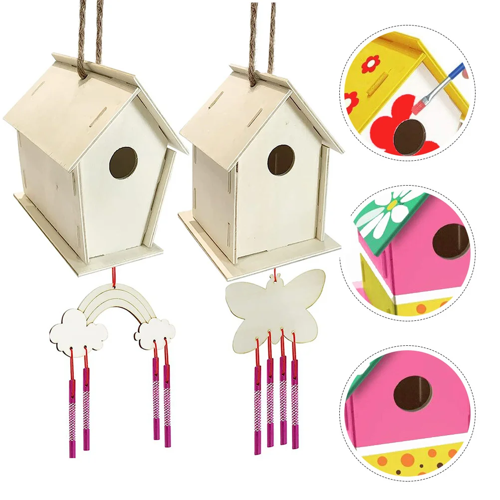 

1Set Bird House Wind Chime Kit Easy Assemble Paint Craft Activity Kids Build and Paint Wooden Birdhouses DIY Wind Chime Pendant