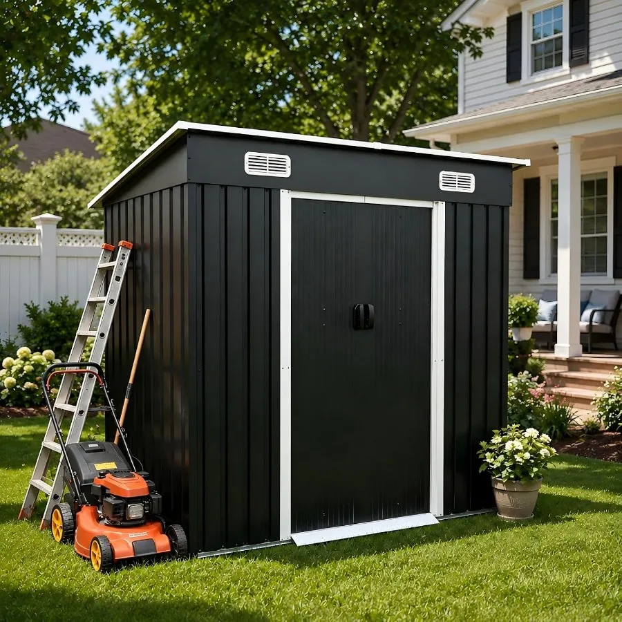 Outdoor garden shed with sliding door, metal construction, gray finish, rust-resistant and weatherproof storage solution