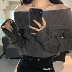 Elegant Sexy Long Sleeve Slash Off The Shoulder Pullovers Grey Sweaters Women Slim Chic Shirts Knit Outwear Clothes Autumn Lazy