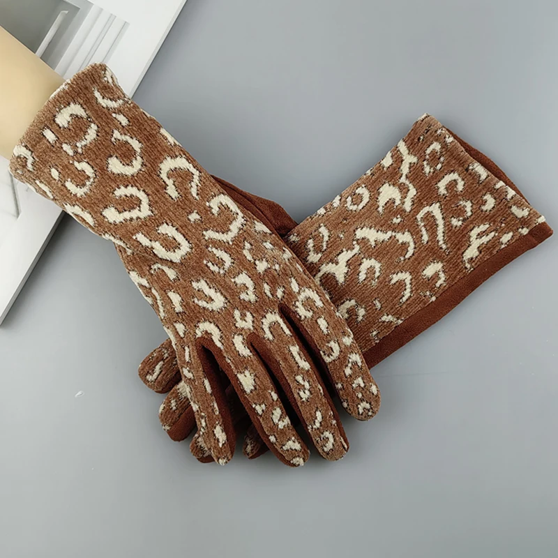 Fashion Leopard Print Plus Velvet Thick Touch Screen Driving Gloves For Sports Outdoor Suede Leather Women Winter Warm Mittens