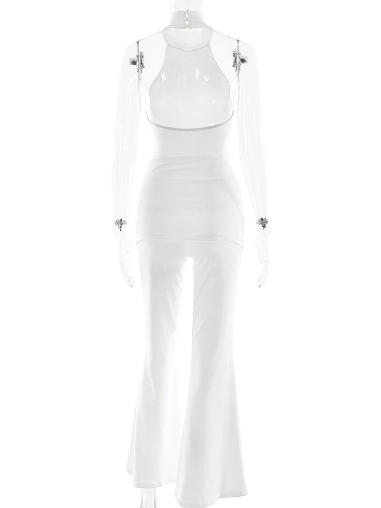 レディースセクシーノースリーブバックレスジャンプスーツ2025夏レディオフショルダーハイウエストメタルルーシュフレアパンツオーバーオールストリートウェア