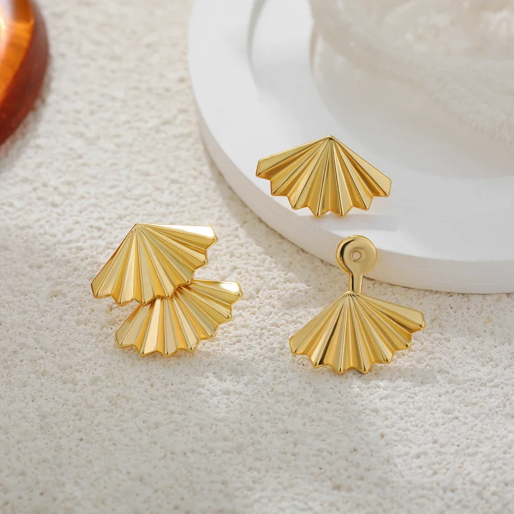 

Gold Color Geometric Texture Bilayer Fan Shaped Charm Stud Earrings for Women 18K Gold Color Plated Vintage Jewelry Party Gift
