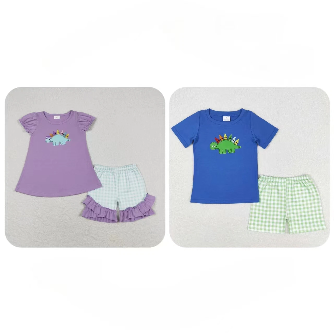 

Wholesale Toddler Back to School Baby Girl Boy Embroidery Outfit Children Short Sleeves Dinosaurs Pencil Shirt Shorts Kids Set