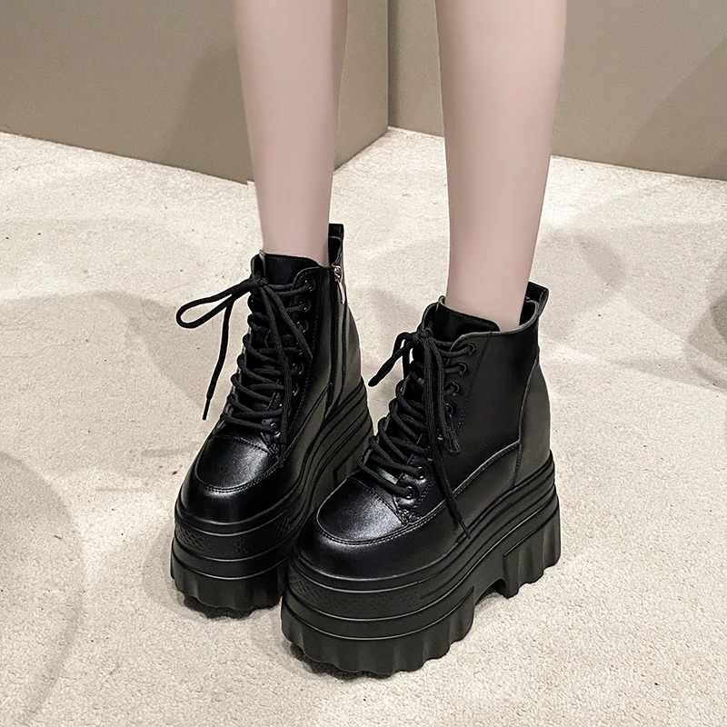 

14CM High Platform Gothic Boots Spring Autumn Leather Black Shoes Punk Street Cosplay Ankle Boots Motorcycle Botas