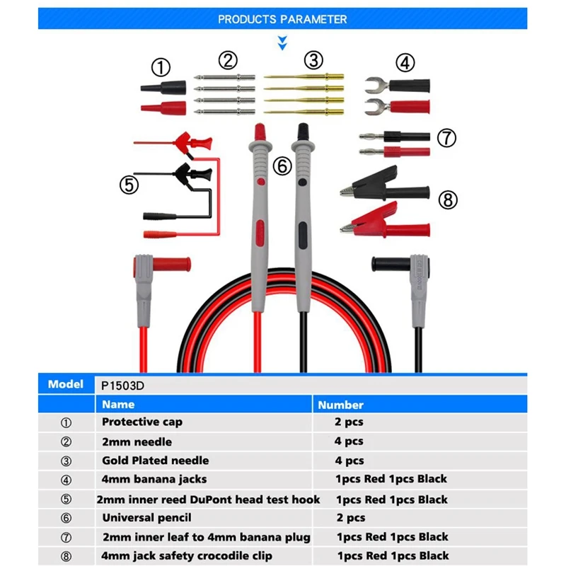 P1503D Multimeter Probes Replaceable Needles Test Leads Kits Probes For Digital Multimeter Cable Feeler For Multimeter Wire Tips