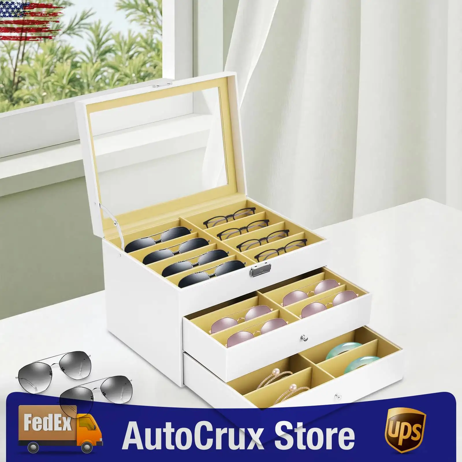 

Sunglasses Box Organizer, 24 Compartments 3-Layer Eyewear Storage Case with Key Lock