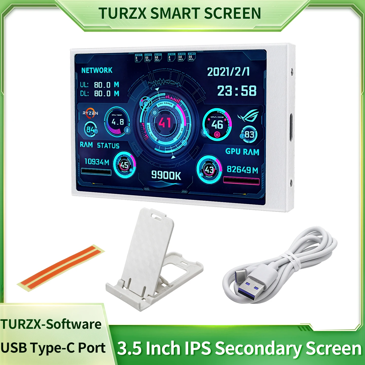 TURZX 3.5 Inch Secondary Screen IPS 320x480 USB Type-C Display with Multiple  Themes for Monitor Computer Hardware CPU GPU RAM