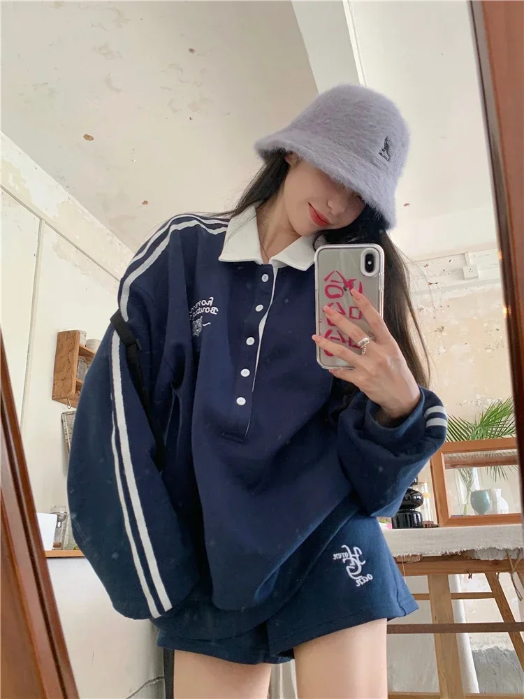 ADAgirl Striped Patchwork Hoodies Women Navy Turndown Collar Oversized Sweatshirt Sporty Chic Autumn Korean Uniform Clothes Chic