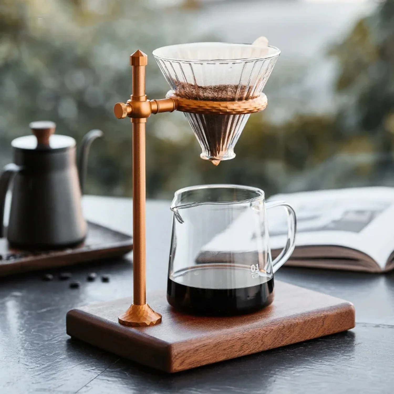 

Aluminum Alloy Coffee Filter Cup Holder, Hand Brewing Pot, Drip Filter, Adjustable Height, Solid Wood Base