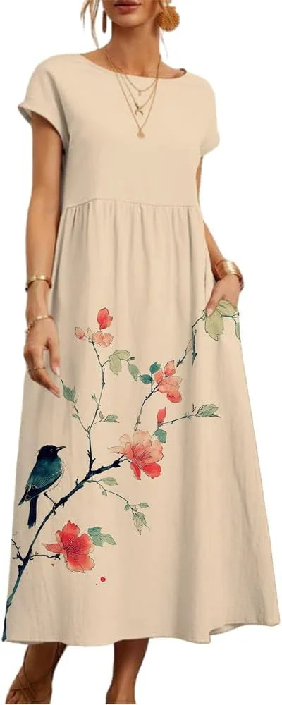 

Women's Summer Midi Dress Casual Floral T-Shirt Flowy Casual Home Outdoor Dress
