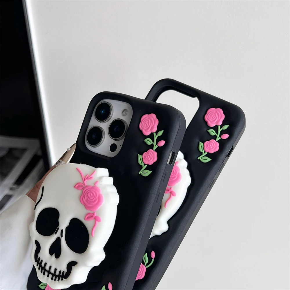Lustige Halloween-Schädelhalterung, weiche Silikonhülle für iPhone 16 Plus 15 14 13 12 11 Pro Max, 3D-Cartoon-Ständerhalter-Abdeckung – Detail 7