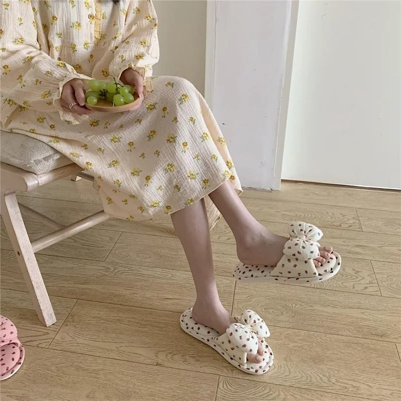 Fashion Casual And Comfortable Four Seasons Linen Slippers Indoor Home Cute Girly Heart Bow Slippers Women Shoes