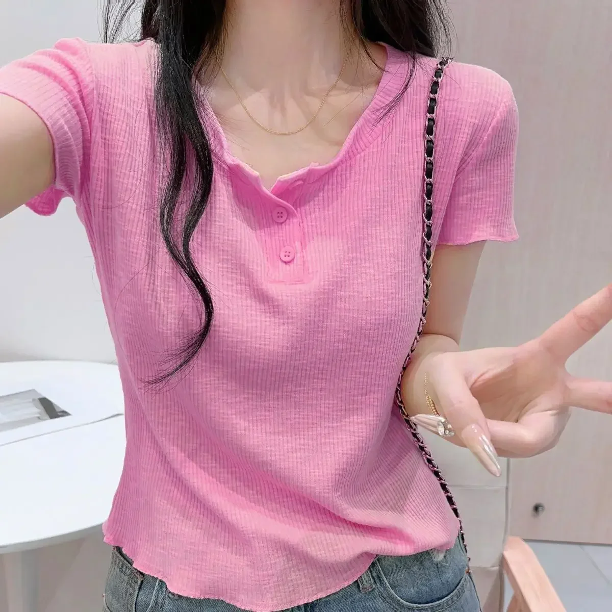 2024 Summer Pullovers for Women, Fashionable and Chic Solid Color Slim Fit Half-Open Neck Short Sleeve T-Shirt