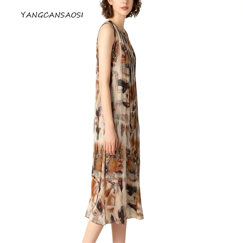 

Women's Fashion Clothing 100% Natural Mulberry Silk Crepe De Chine Vacation Style Round Neck Sleeveless Artistic Graffiti Dress