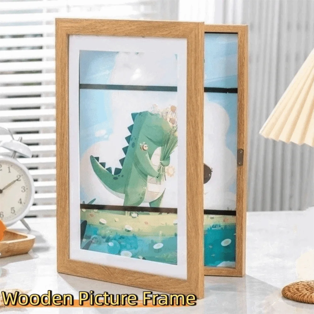 Multi-functional Wooden Picture Frame Wall Mount Rectangle Display Frame Magnetic Closure Changeable Flip Photo Frame