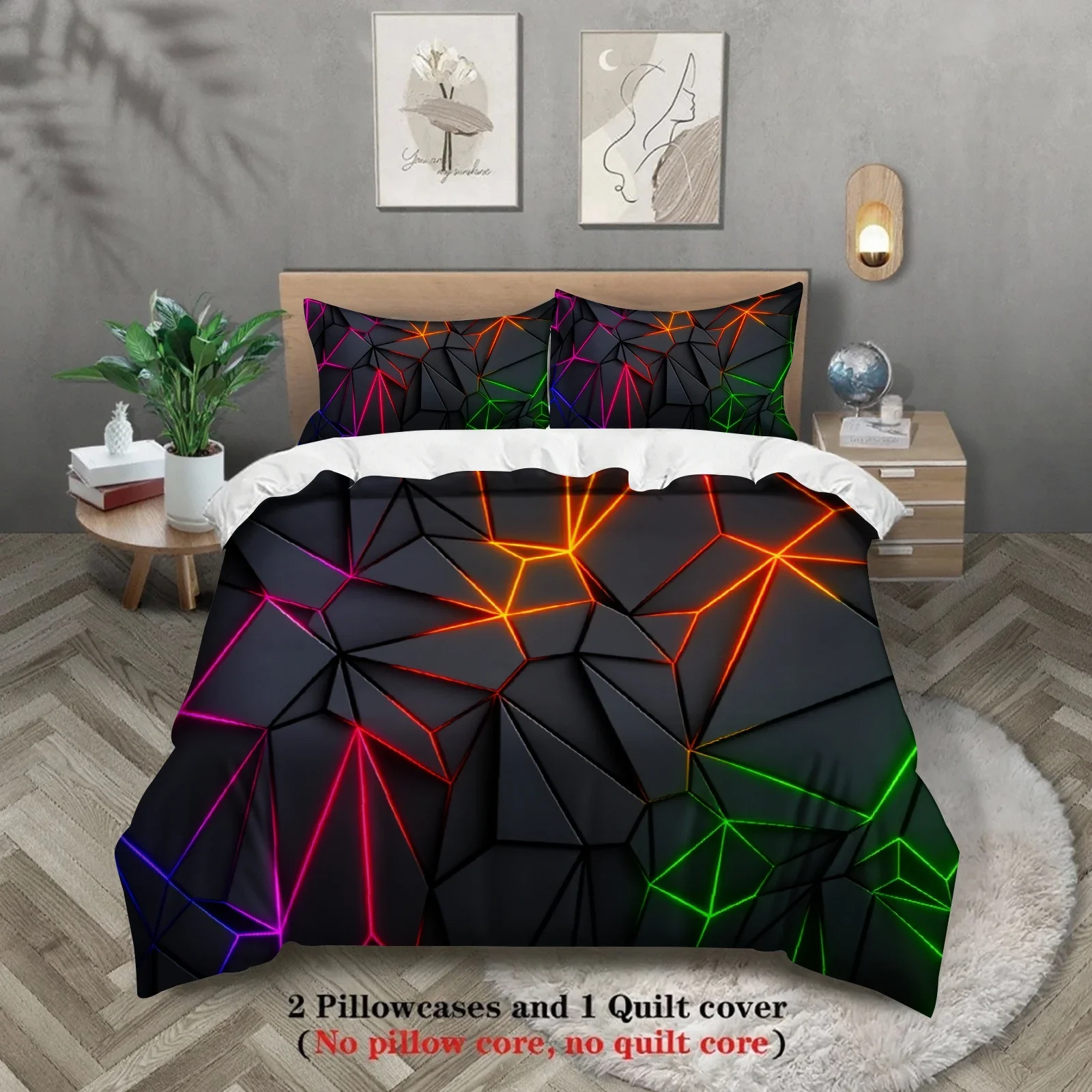

Комплект постельного белья с неоновым геометрическим абстрактным узором в стиле киберпанк, футуристический геометрический арт-декор для спальни