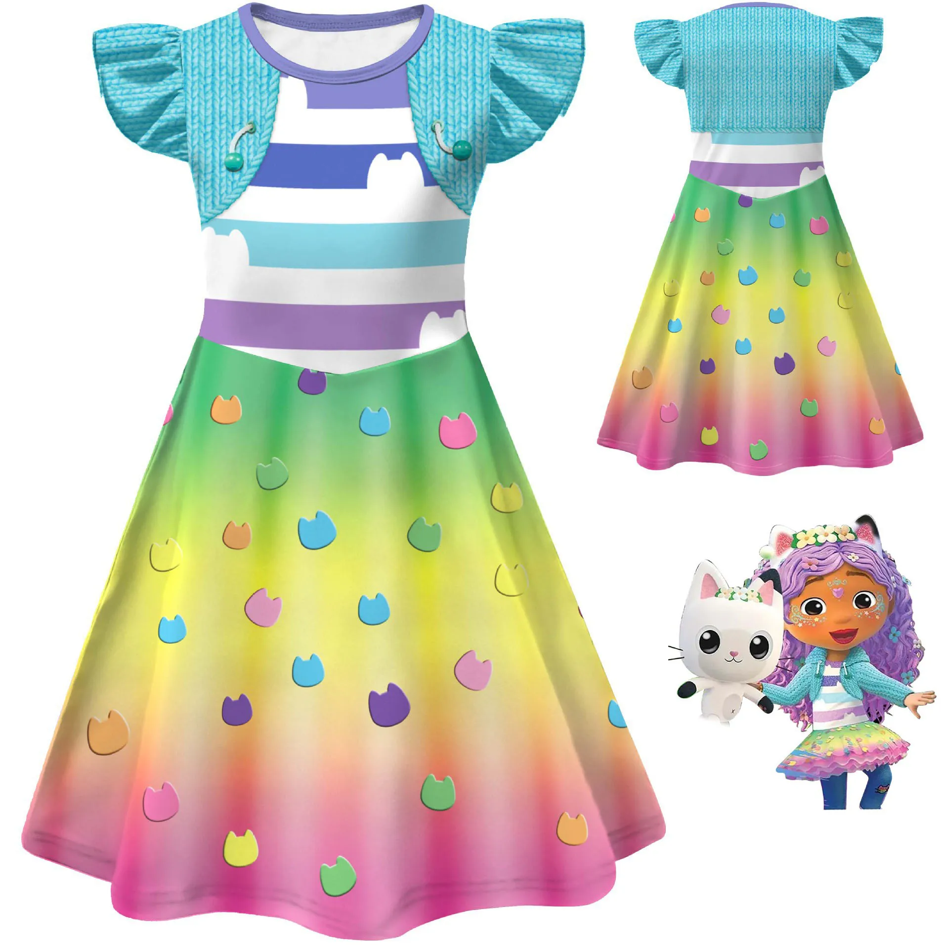 

Платье с короткими рукавами для девочек, костюм принцессы Гэбби из мультфильма «Домик Гэбби», сетчатая юбка-пачка с изображением кошки Гэбби, костюм для дня рождения, подарок на Хэллоуин