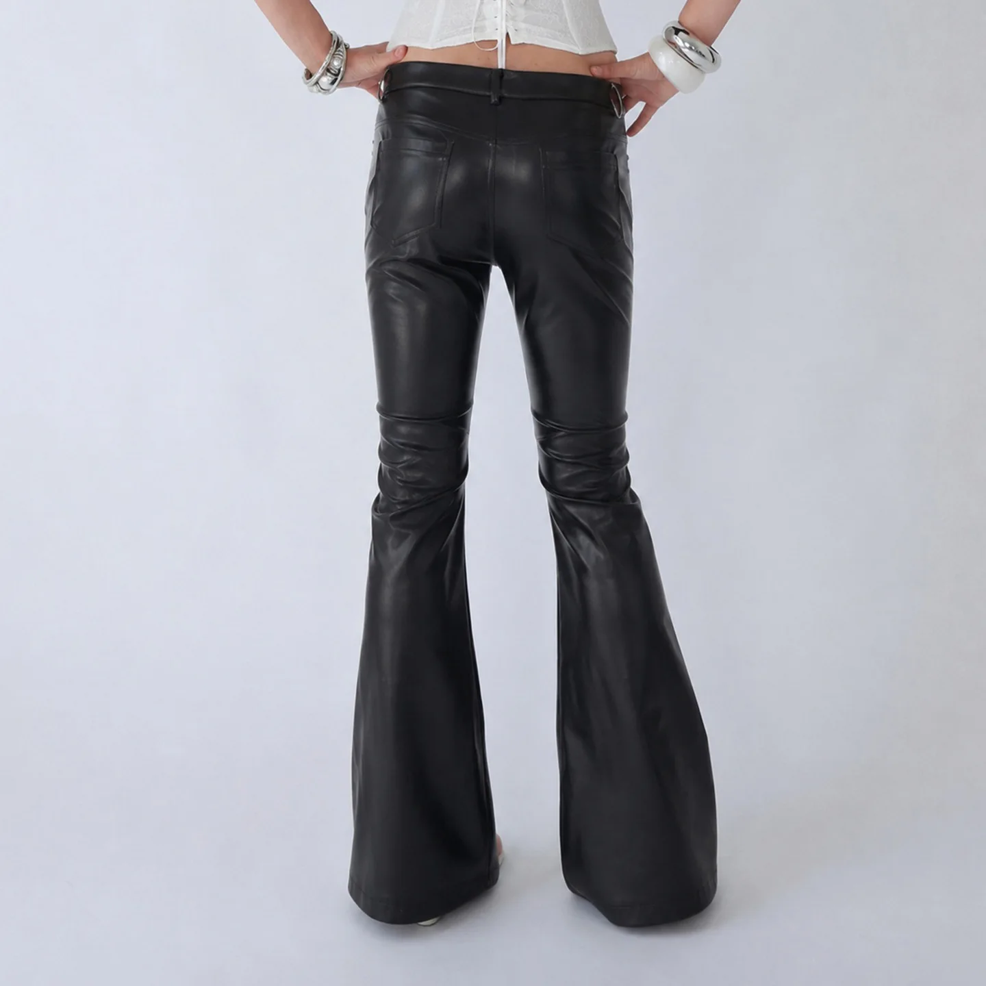 American Dark Wind Low Waist Spice Girl Slim Pu Leather Flared Pants Retro Street Hot Diamond Women Pants
