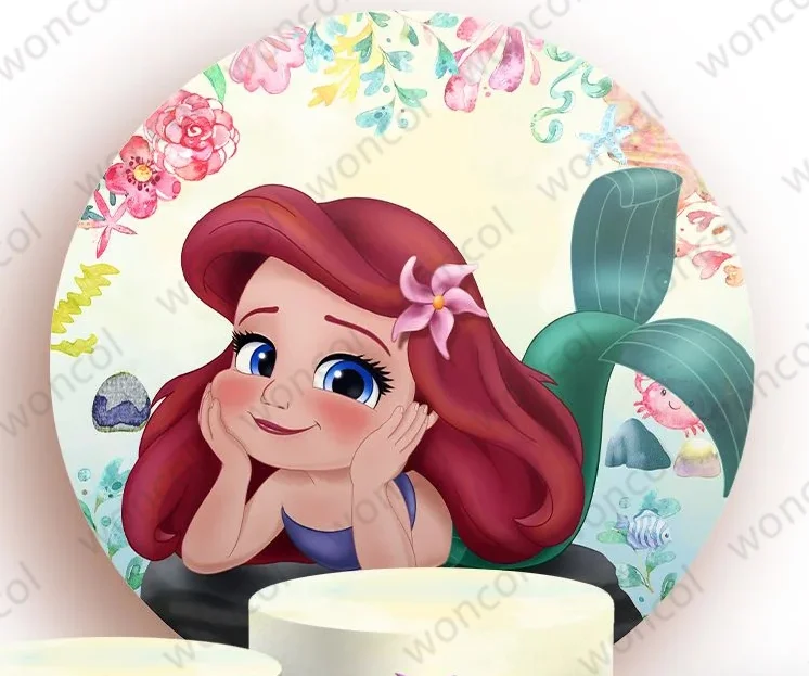 Disney Ariel Round Backdrop Baby Birthday Baby Shower Backdrop Undersea Little Mermaid Round Cylinder Cover Party Decor Prop