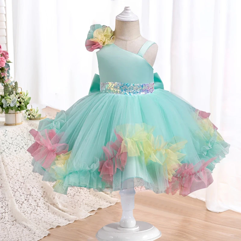 Girls\' Colorful Bubble Sleeve Princess Dress 2024 New Bow Blouse Dress Sweet Banquet Host Show Dress