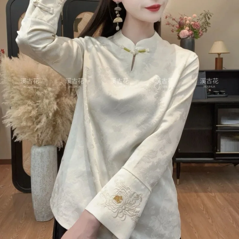 

New Chinese Style 2025 New Autumn New Bottoming Retro National Style Long-sleeved Jacquard Stand Collar Versatile Shirt