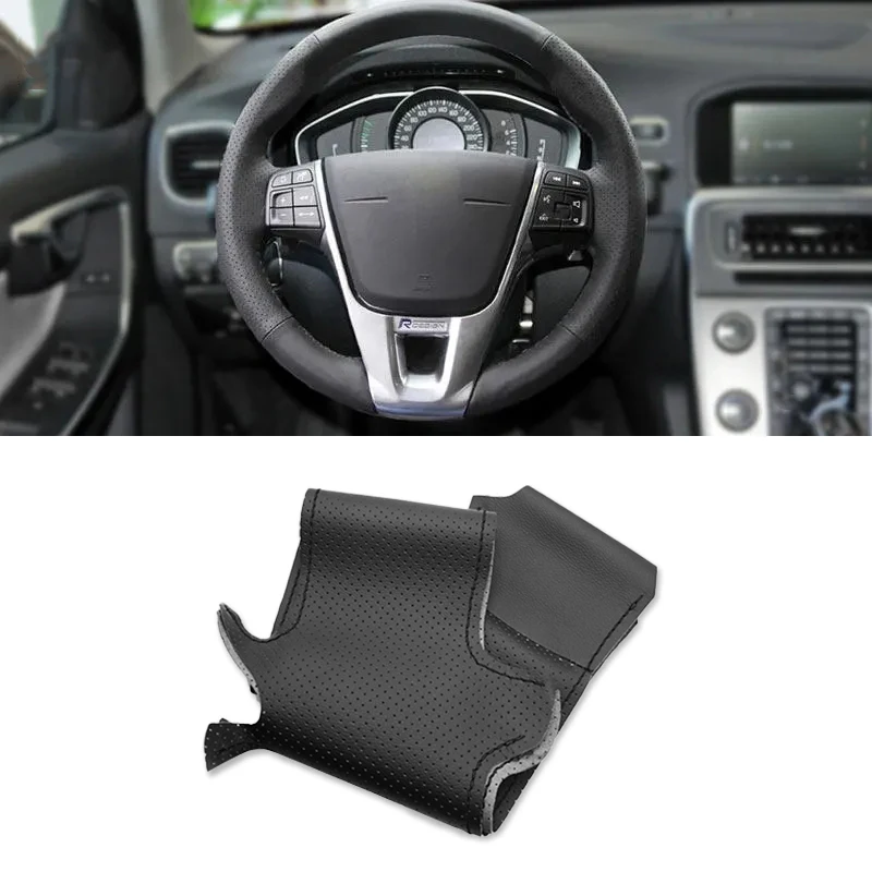 For Volvo V40 2014 XC60 S60 LV60 S80L Hand Stitched Car Interior Steering Wheel Black Perforated Leather Cover Protective Trim