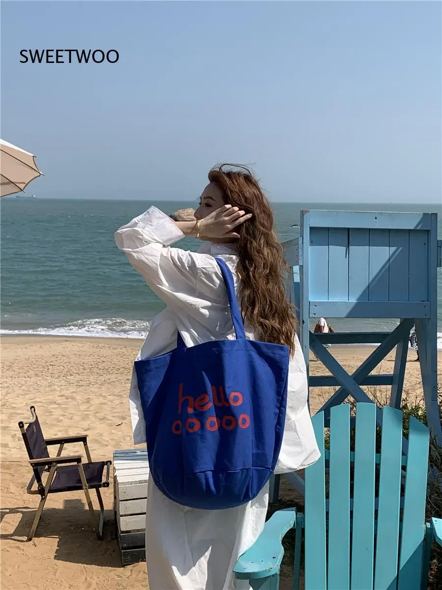 

Hello Print Canvas Tote Bag Large Capacity Shoulder Handbag for Women Daily Shopping Work Travel Casual Style 2026