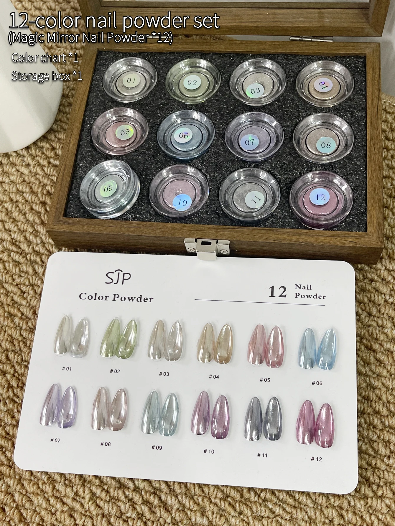 12-Color Fresh Color Magic Mirror Nail Powder Set with Color Cards and Storage Box. DIY Nail Art, Artistic Nail Charm, Suitable