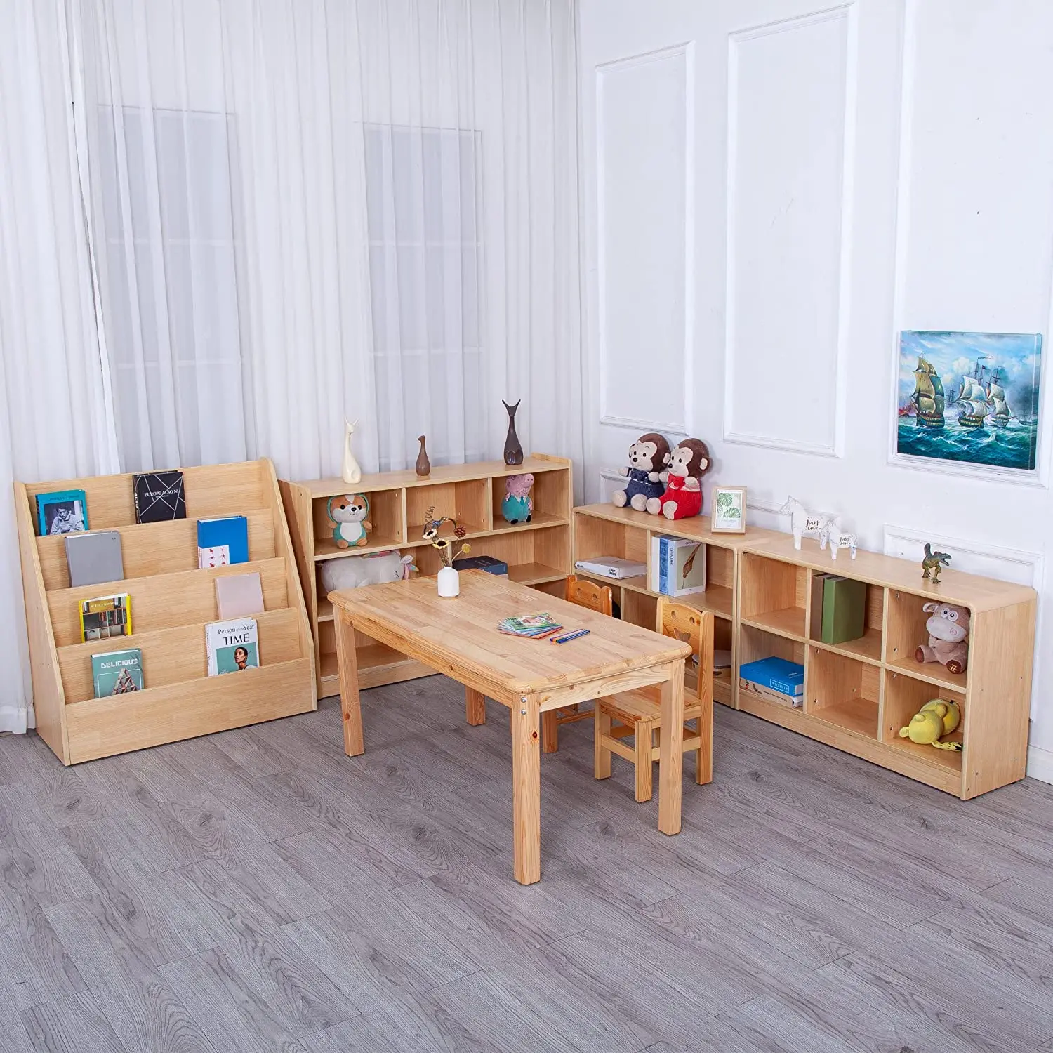 Casilleros de madera de un solo lado para el aula, armario de juguetes para niños, librería familiar para niños